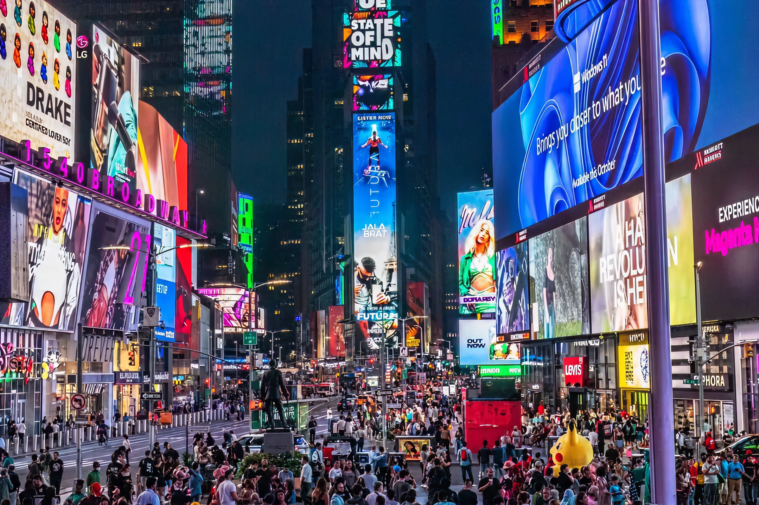 Times Square at night bustling with crowds, featuring vibrant digital billboards and advertisements, showcasing prominent brands and media, illustrating the potential for impactful billboard advertising by American Guerrilla Marketing.