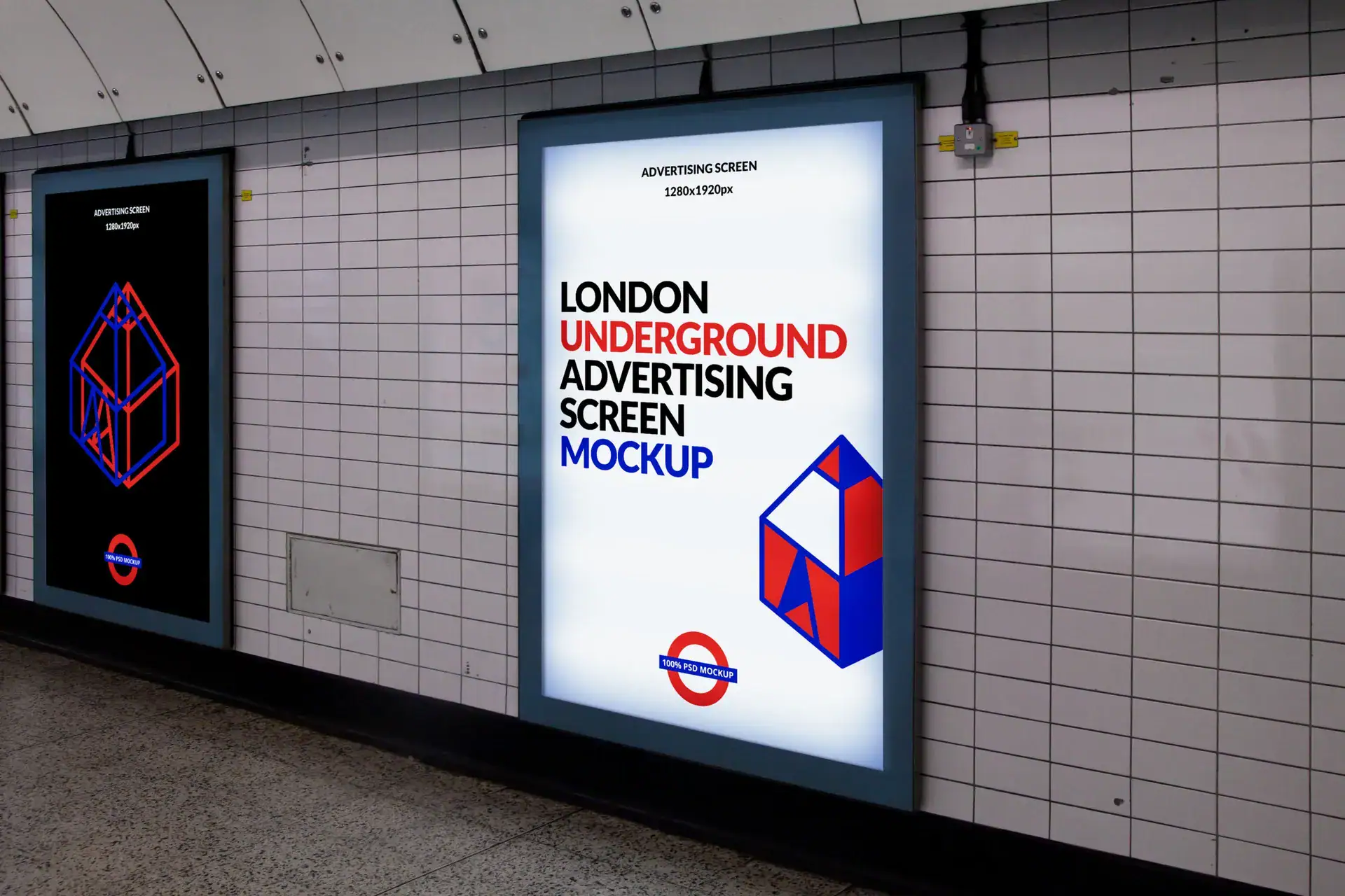 London Underground advertising screen mockup featuring bold text and geometric design, illustrating subway advertising options and digital media potential.