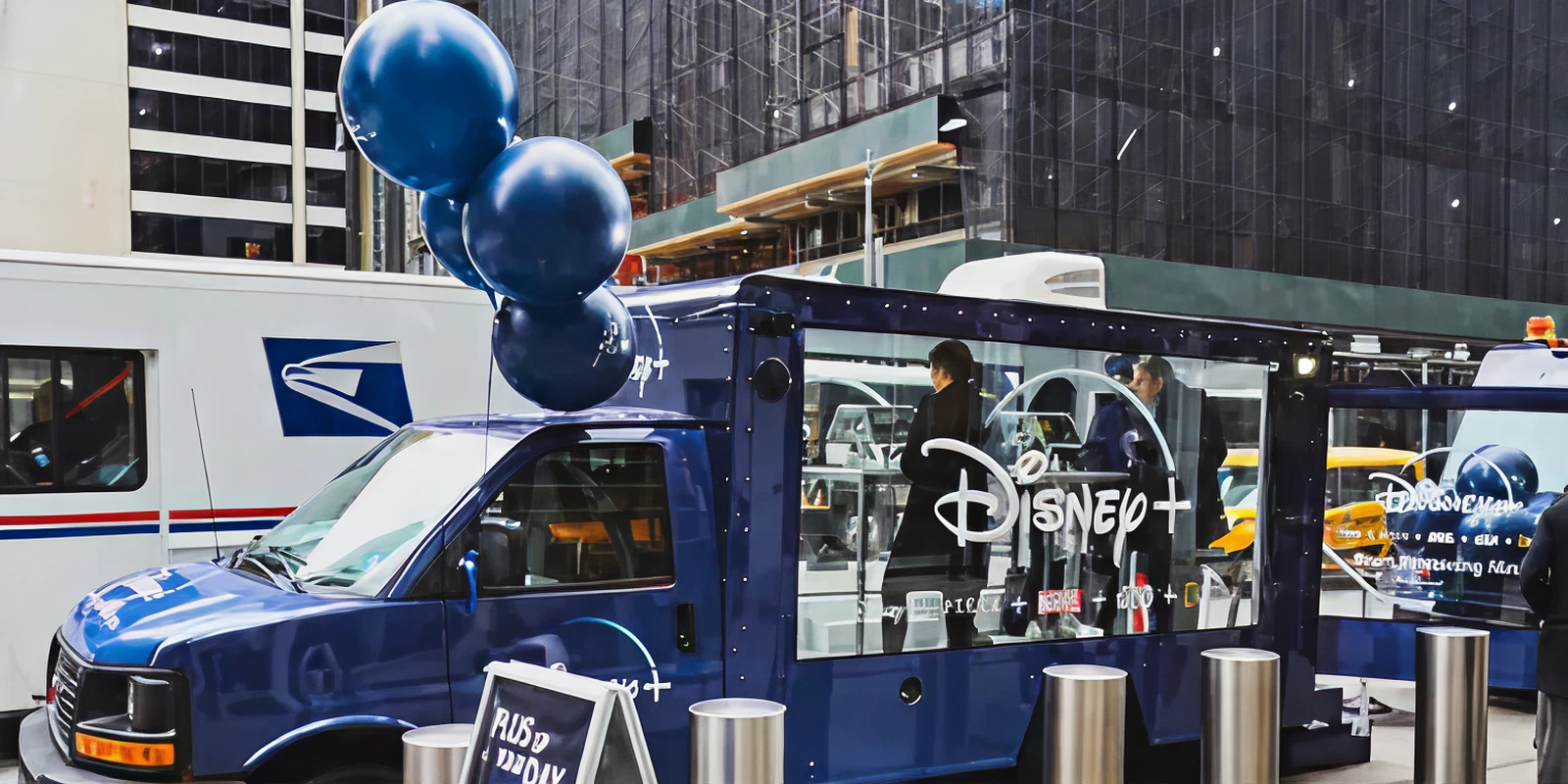 Mobile boutique truck featuring Disney+ branding, balloons, and people engaging with the display in an urban setting, showcasing innovative marketing strategies for pop-up shops.