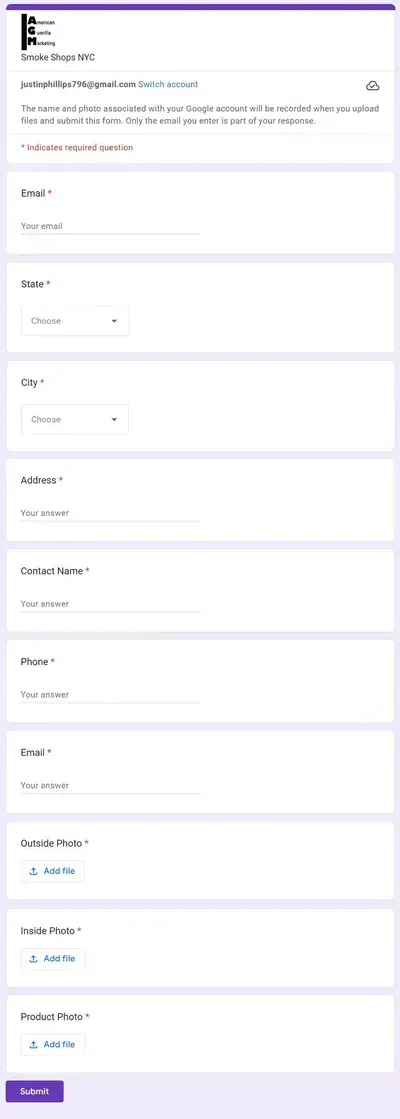 Form for submitting brand ambassador details, including fields for email, state, city, address, contact name, phone, and photo uploads for outside, inside, and product images.