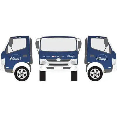 Commercial vehicle wrap design featuring a blue truck with Disney+ branding on the sides and front, illustrating vehicle advertising for brand visibility.