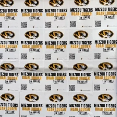 Mizzou Tigers promotional posters featuring the slogan "Roar Louder in Texas," showcasing the team's logo and QR codes for engagement in guerrilla marketing campaigns.