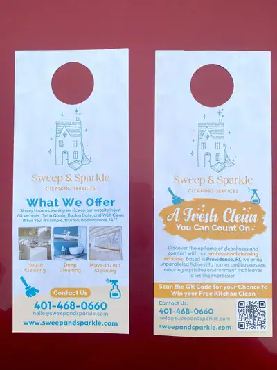 Door hanger for Sweep & Sparkle Cleaning Services, featuring services offered, contact information, and a QR code for promotions, designed for effective local marketing.