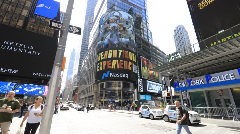 NASDAQ billboard in Times Square promoting the "Generation Experience" campaign, featuring vibrant graphics, surrounded by pedestrians and traffic, capturing the dynamic atmosphere of high-traffic advertising.