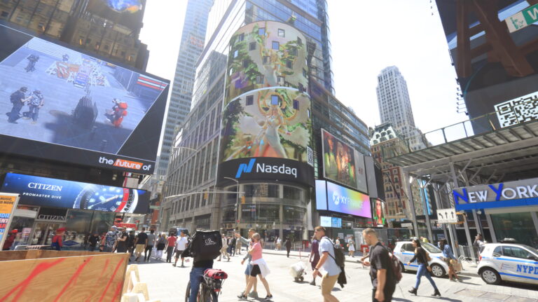 NASDAQ billboard in Times Square displaying vibrant digital content, surrounded by pedestrians and bustling city life, emphasizing high-traffic advertising impact.