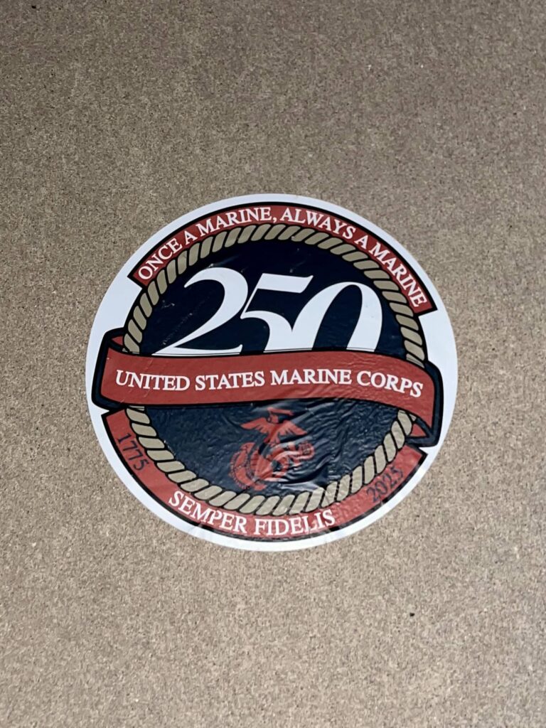 United States Marine Corps 250th anniversary sticker.