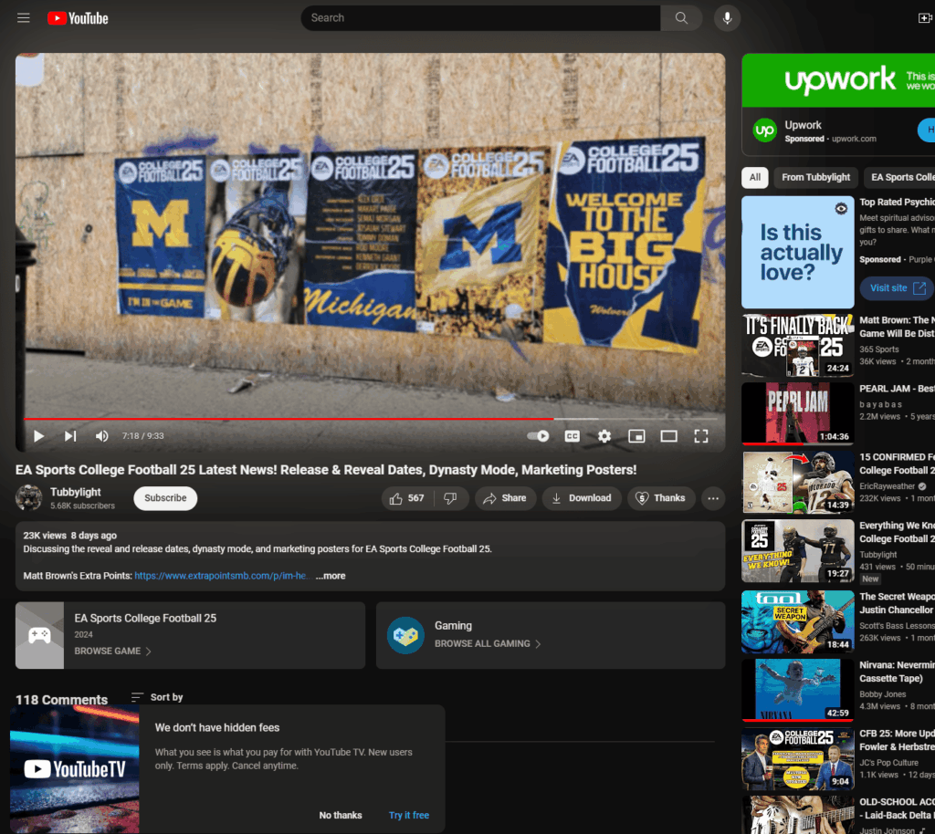 EA Sports College Football 25 marketing posters featuring Michigan branding, showcasing promotional graphics and slogans.