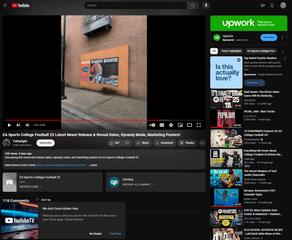 EA Sports College Football 25 promotional poster featuring graphics and branding, displayed on a wall in an urban setting, highlighting sports marketing strategies for fan engagement.