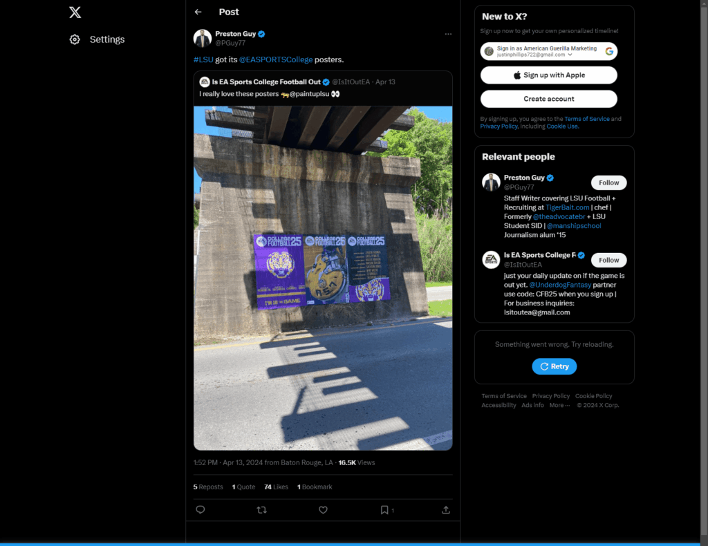 Colorful EA Sports College Football posters promoting LSU, displayed under a bridge in Baton Rouge, showcasing team branding and engagement strategies for sports activations.