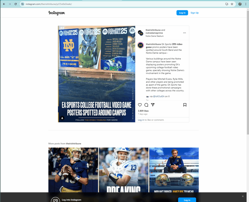 EA Sports College Football 25 promotional poster featuring Notre Dame and game details, displayed on campus for sports activation engagement.