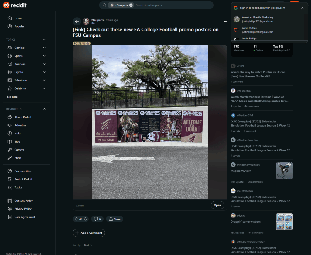 EA College Football promotional posters displayed on FSU campus, featuring branding and game-related imagery to engage fans and enhance sports marketing visibility.