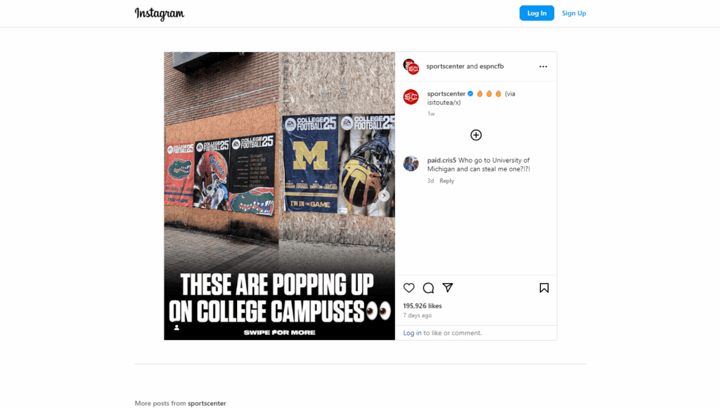 Wheatpaste posters promoting college sports events on brick wall, showcasing team logos and graphics, highlighting sports marketing activations targeting college campuses.