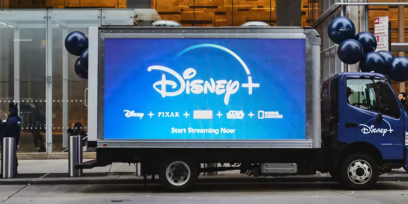 LED mobile billboard truck displaying Disney+ advertisement with branding elements and call to action "Start Streaming Now."