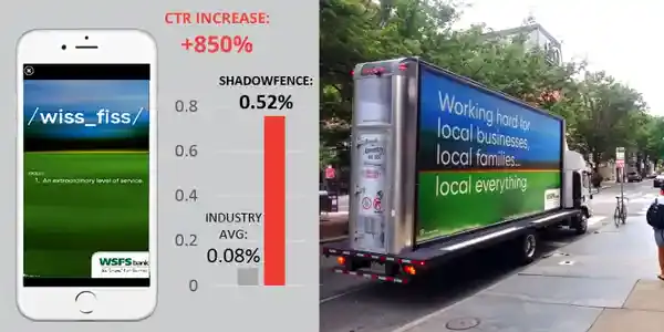 Mobile billboard truck displaying vibrant advertisement for WSFS Bank, showcasing messaging about supporting local businesses and families, alongside performance metrics highlighting a significant click-through rate increase.