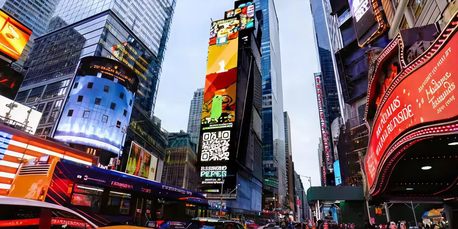 Digital billboard advertising for Diamond Peeps NFT in Times Square, showcasing vibrant graphics and QR code, highlighting American Guerrilla Marketing's strategic campaign in a high-traffic urban environment.