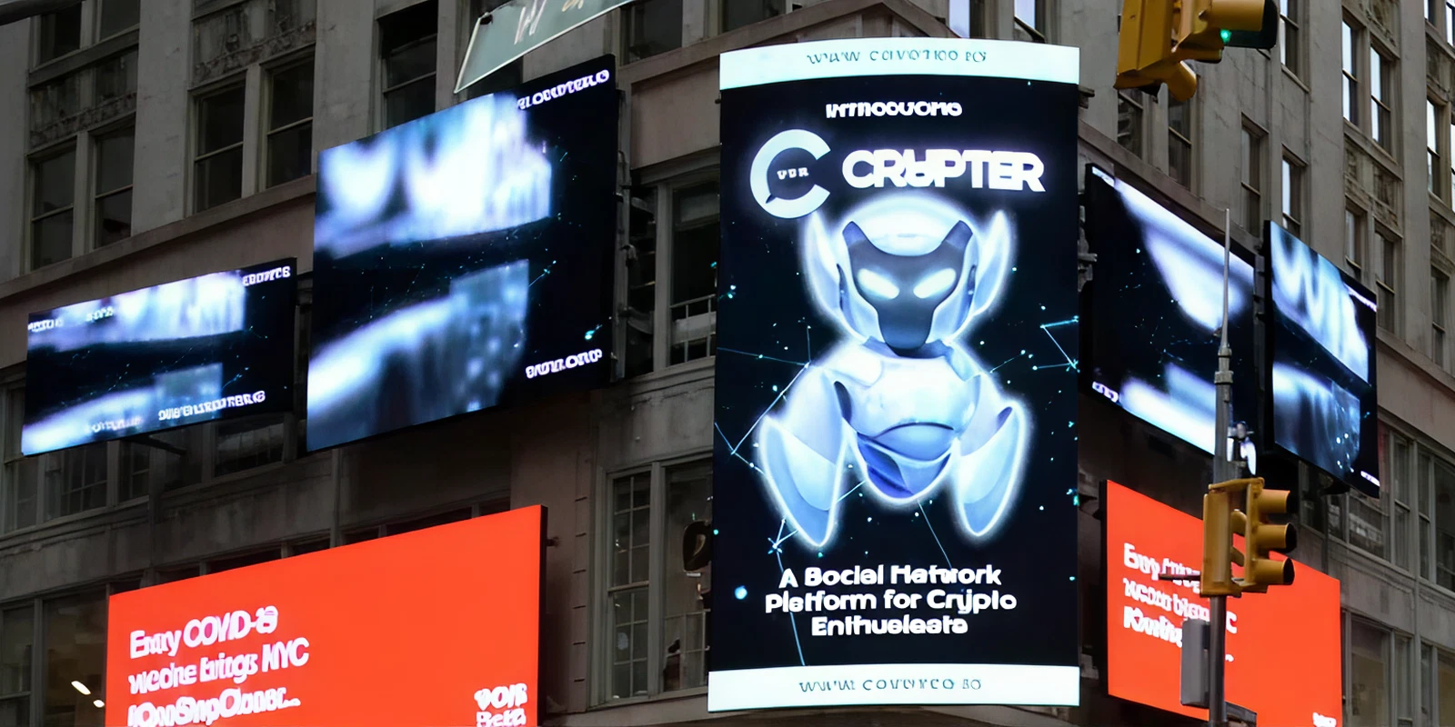 Digital billboard advertising featuring a futuristic robot and the text "CRYPTER: A Social Network Platform for Crypto Enthusiasts," showcasing innovative outdoor advertising technology.