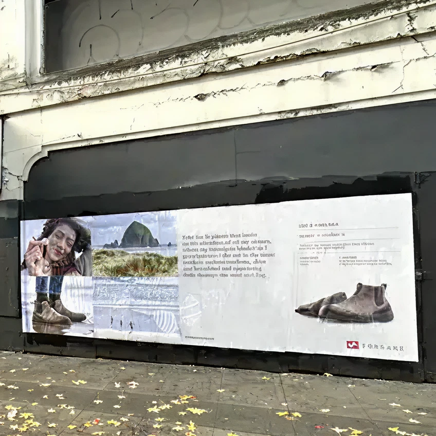 Wheatpaste advertising mural featuring a smiling person holding shoes, scenic coastal background, and promotional text for footwear brand, showcasing guerrilla marketing creativity in Maine.