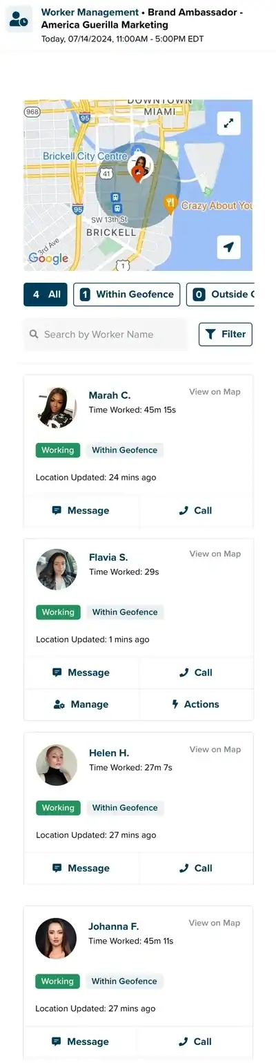 Tracking interface for brand ambassadors with geolocation features, showing workers' statuses, locations, and communication options for effective flyer distribution management.