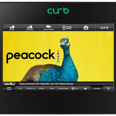 Curb advertising display featuring a peacock logo and weather information, illustrating innovative guerrilla marketing strategies.