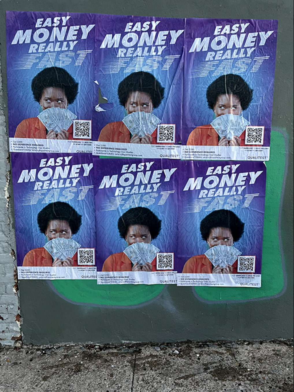 Posters featuring a person holding cash, with the text "EASY MONEY REALLY" prominently displayed, emphasizing community engagement and awareness in nonprofit marketing.