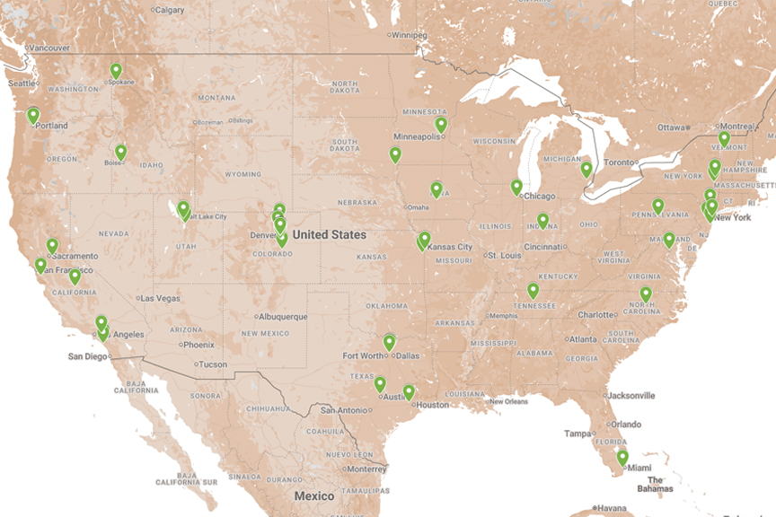 Map of the United States highlighting targeted marketing locations for American Guerrilla Marketing, showing cities with strategic placement for wheatpaste advertising campaigns.