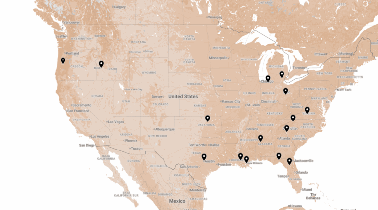 Map highlighting key locations for EA Sports College Football 25 wheatpasting campaign across U.S. college campuses, marked with black pins.