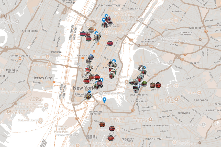 Map of New York City highlighting various locations for outdoor advertising opportunities, including wheat paste posting spots, relevant to American Guerrilla Marketing's services.