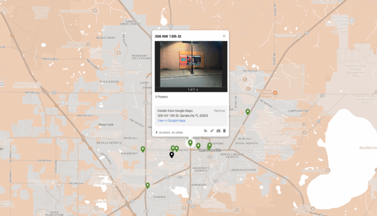 Map showing location details and a poster display, relevant to EA Sports College Football 25 guerrilla marketing campaign across college campuses.