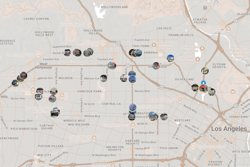 Map of Los Angeles highlighting various urban locations for outdoor advertising, including key areas like Hollywood, Melrose, and Central LA, relevant for wheat paste posting strategies.