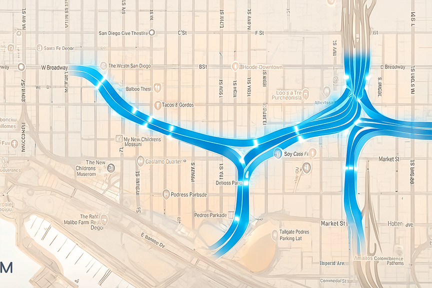 Map of San Diego Gaslamp District highlighting pedestrian flow choke points for effective outdoor advertising strategies.