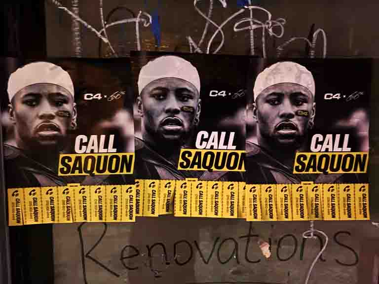 C4 Energy "Call Saquon" tear-off poster campaign featuring multiple posters with a close-up image of an athlete, emphasizing guerrilla marketing tactics in urban environments.