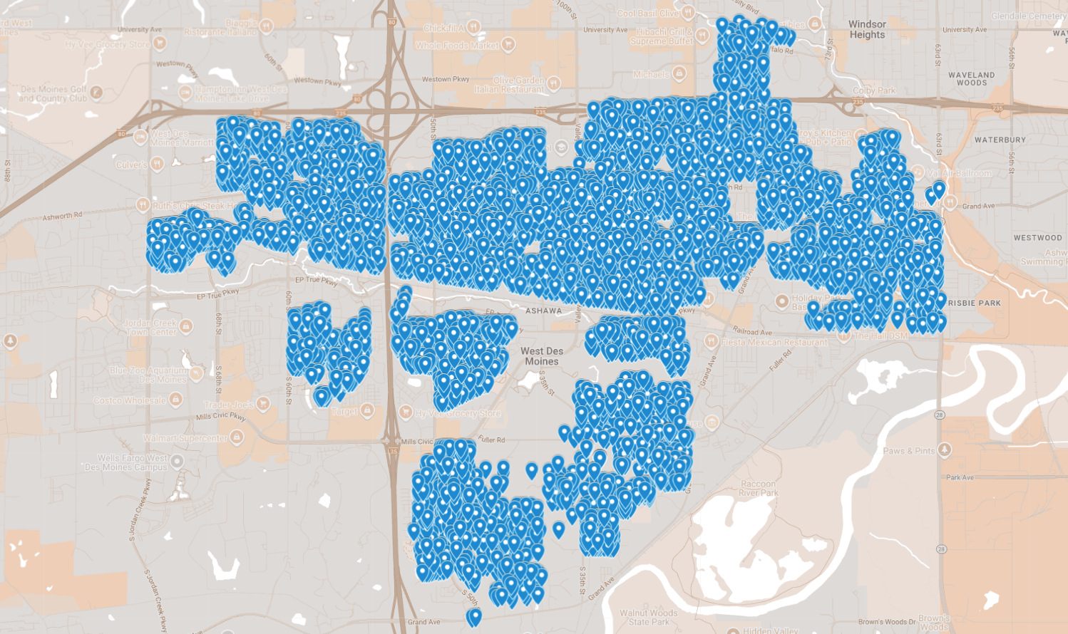 Map of West Des Moines, Iowa, showing targeted door hanger distribution locations marked by blue icons, illustrating strategic advertising areas for American Guerrilla Marketing.