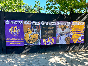 Promotional banners for NCAA College Football 25 featuring team mascots and logos, highlighting fan engagement and sports marketing presence.