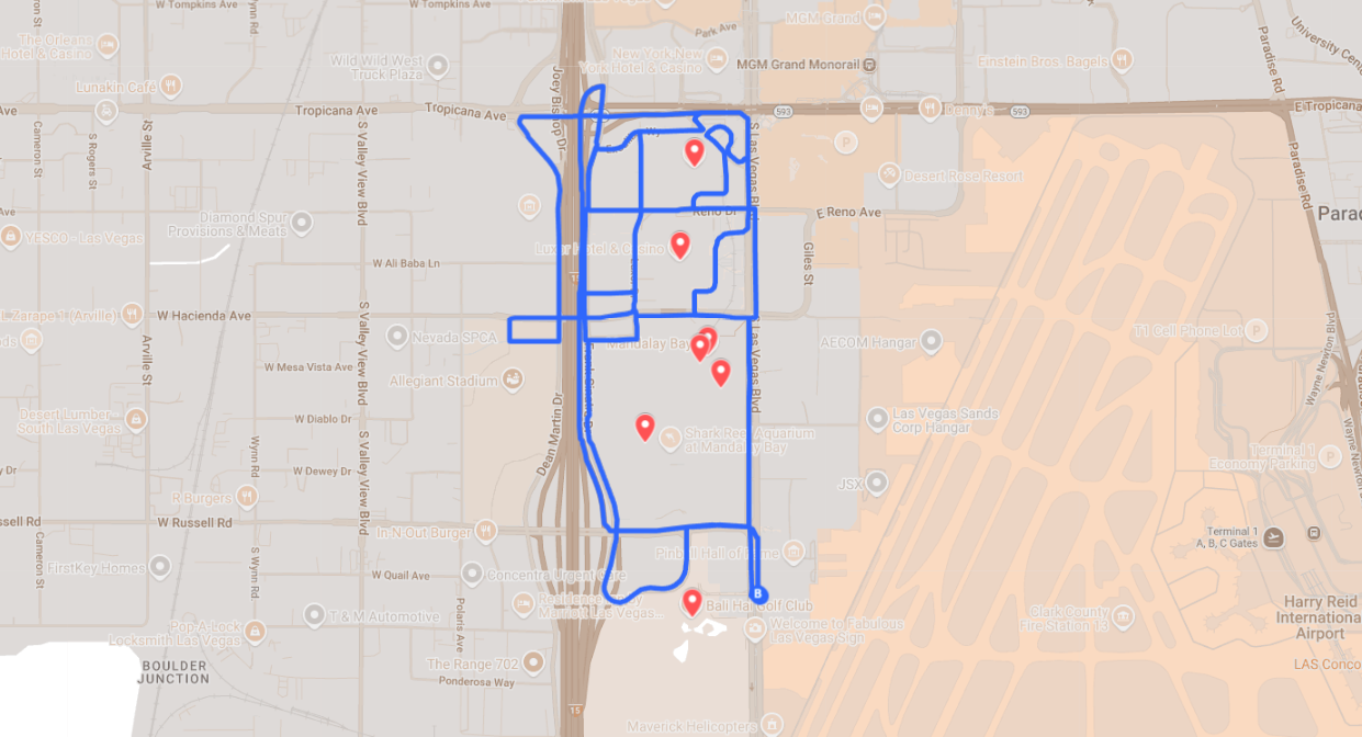 Optimized routing map for LED billboard truck advertising in Las Vegas, highlighting key target points and traffic flow.