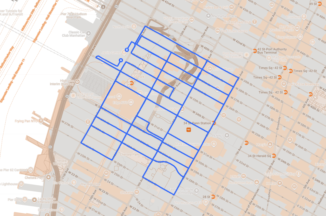 Optimized routing map for LED billboard truck advertising in New York City, highlighting target corridors and key traffic patterns.