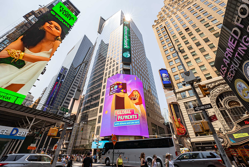 Times Square scene featuring vibrant digital billboards for American Guerrilla Marketing's campaigns, showcasing global payments with animated visuals, surrounded by bustling streets and pedestrians.