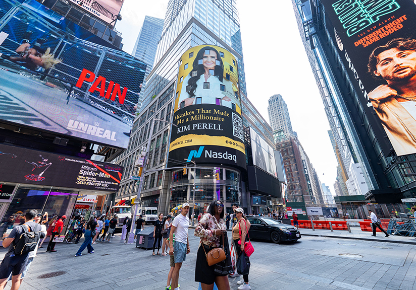 Billboard advertising for Kim Perell's "Mistakes That Made Me a Millionaire" on NASDAQ Tower in Times Square, New York City, featuring diverse pedestrians and vibrant digital displays.