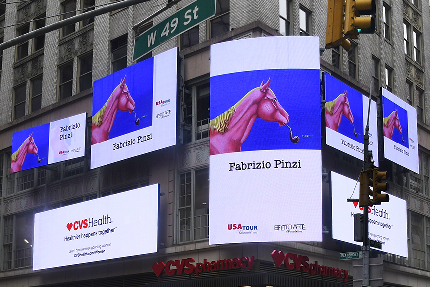 Digital art display featuring a pink horse and the name "Fabrizio Pinzi" on multiple billboards in Times Square, New York City, advertising a showcase by the Effetto Arte Foundation.