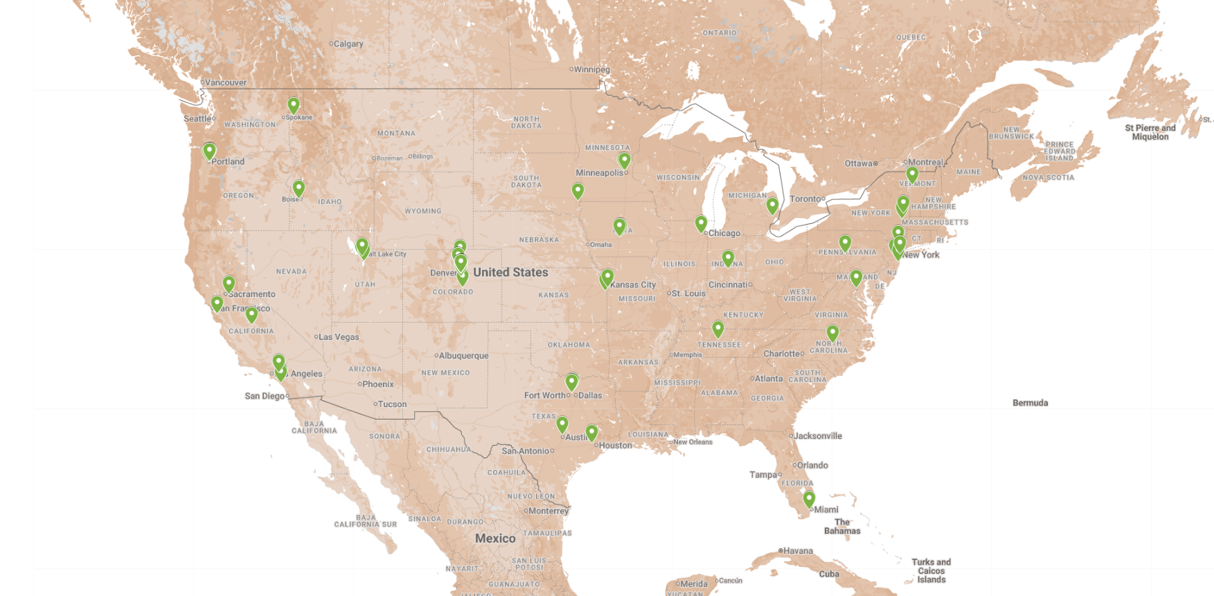 Map of the United States highlighting various college campuses for marketing outreach, with green markers indicating targeted locations for ambassador programs and guerrilla marketing initiatives.