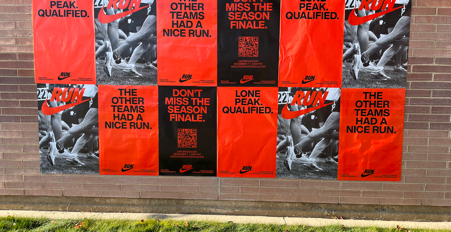 Nike promotional posters featuring bold red and black designs with phrases like "RUN," "PEAK. QUALIFIED," and "DON'T MISS THE SEASON FINALE," emphasizing competition and fan engagement in sports marketing.