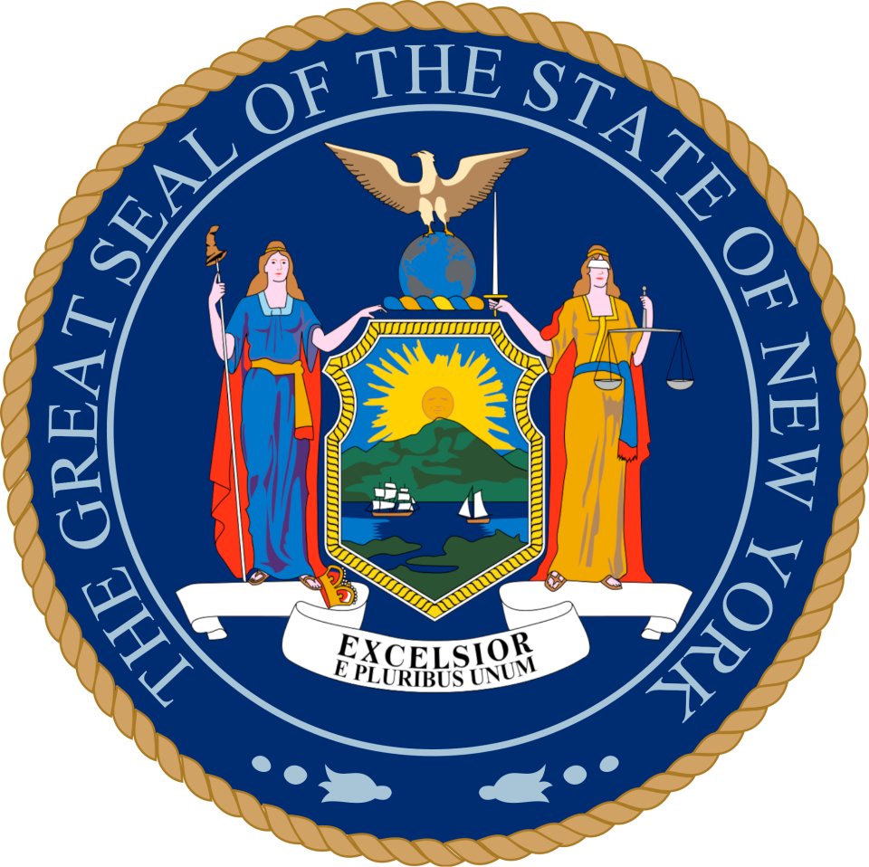 The Great Seal of the State of New York featuring two allegorical figures, a shield with a sun and landscape, and an eagle, symbolizing state authority and governance.