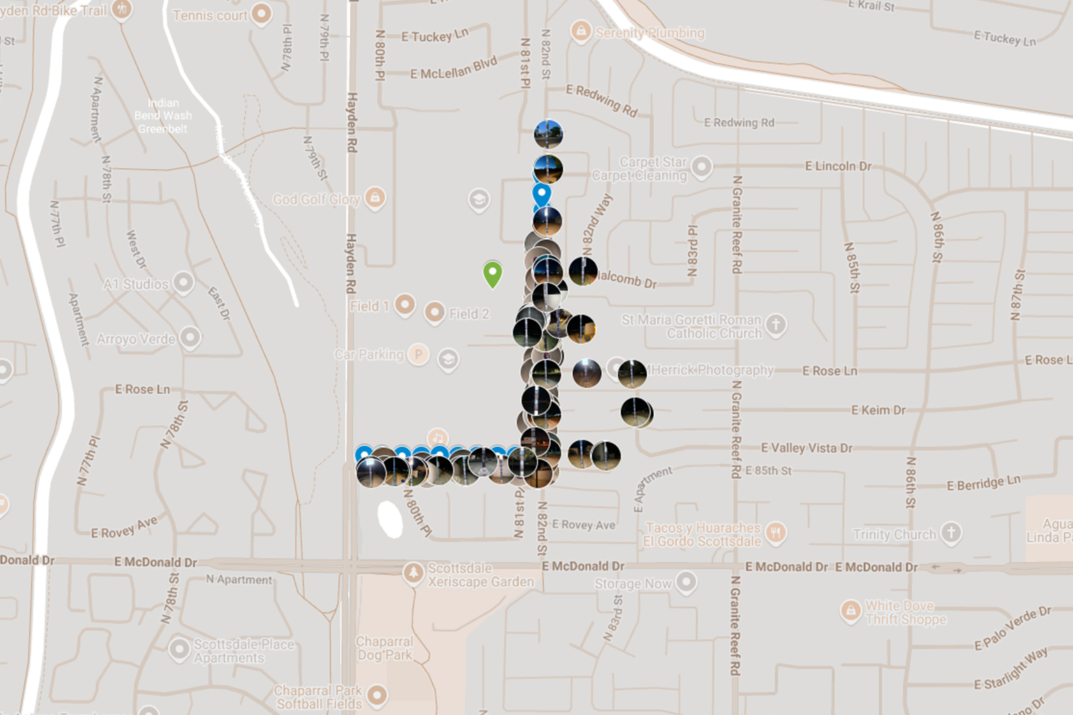 Map of Scottsdale, AZ, highlighting targeted advertising locations for Snipe Advertising campaigns by American Guerrilla Marketing.