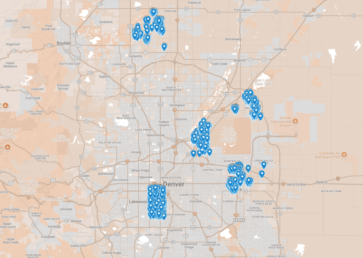 Map of Denver, Colorado, highlighting targeted neighborhoods for door hanger distribution with blue markers indicating strategic locations identified by American Guerrilla Marketing.