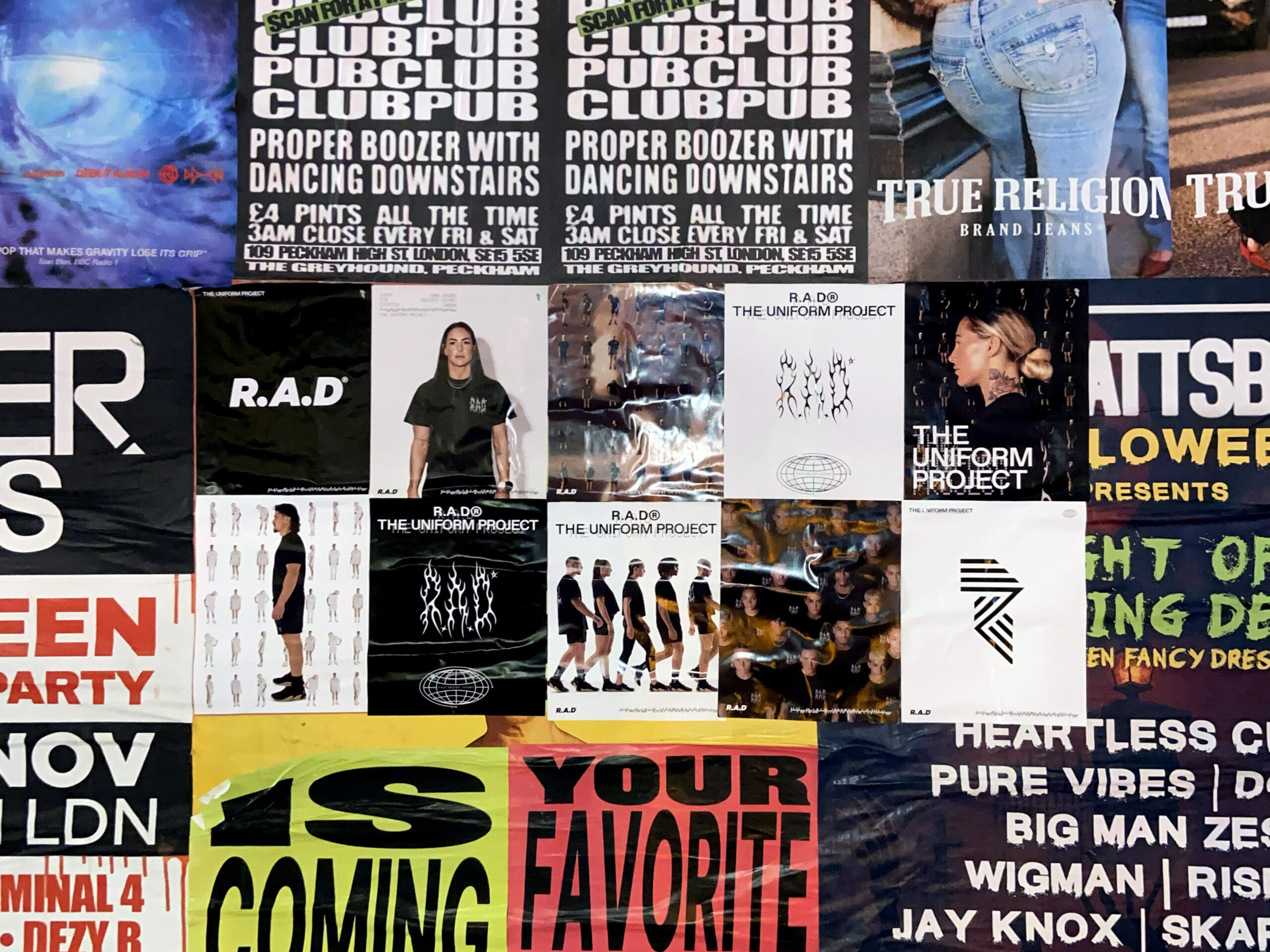 Collage of vibrant advertising posters featuring various brands and events, highlighting Snipe Advertising techniques for effective street visibility and promotional impact.