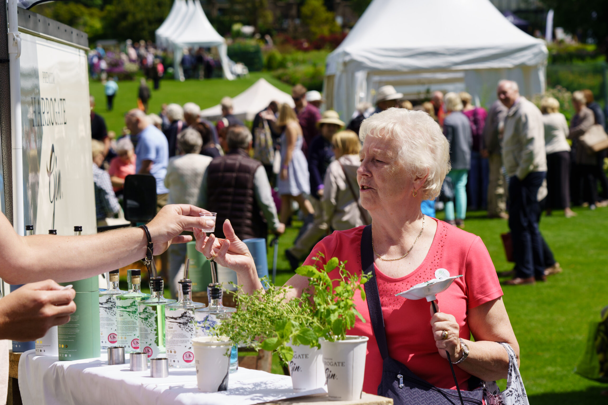Woman interacting at a product demonstration booth, receiving a sample, with event attendees and tents in the background, showcasing live brand engagement and customer interaction.