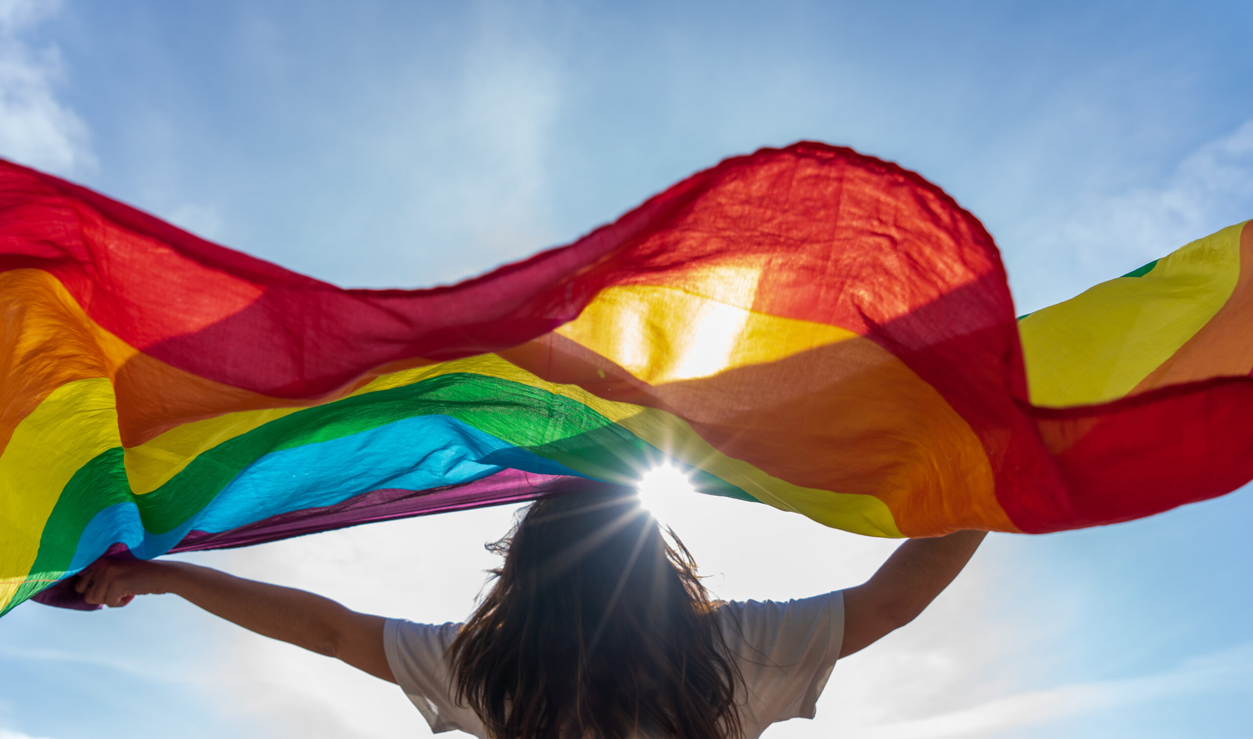 Person holding a large rainbow flag against a bright sky, symbolizing Pride and inclusivity, reflecting American Guerrilla Marketing's focus on dynamic Pride festival marketing and community engagement.