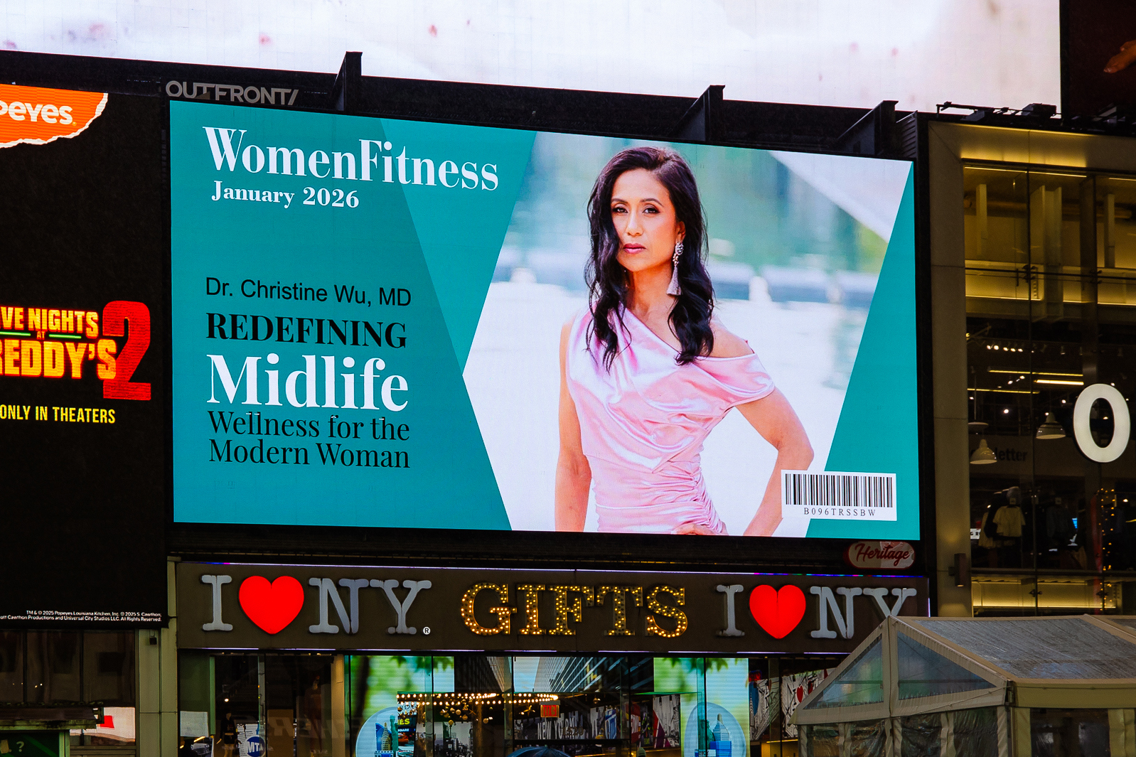 Women&rsquo;s Fitness Magazine billboard featuring Dr. Christine Wu, MD, promoting wellness for modern women, Times Square, January 2026.