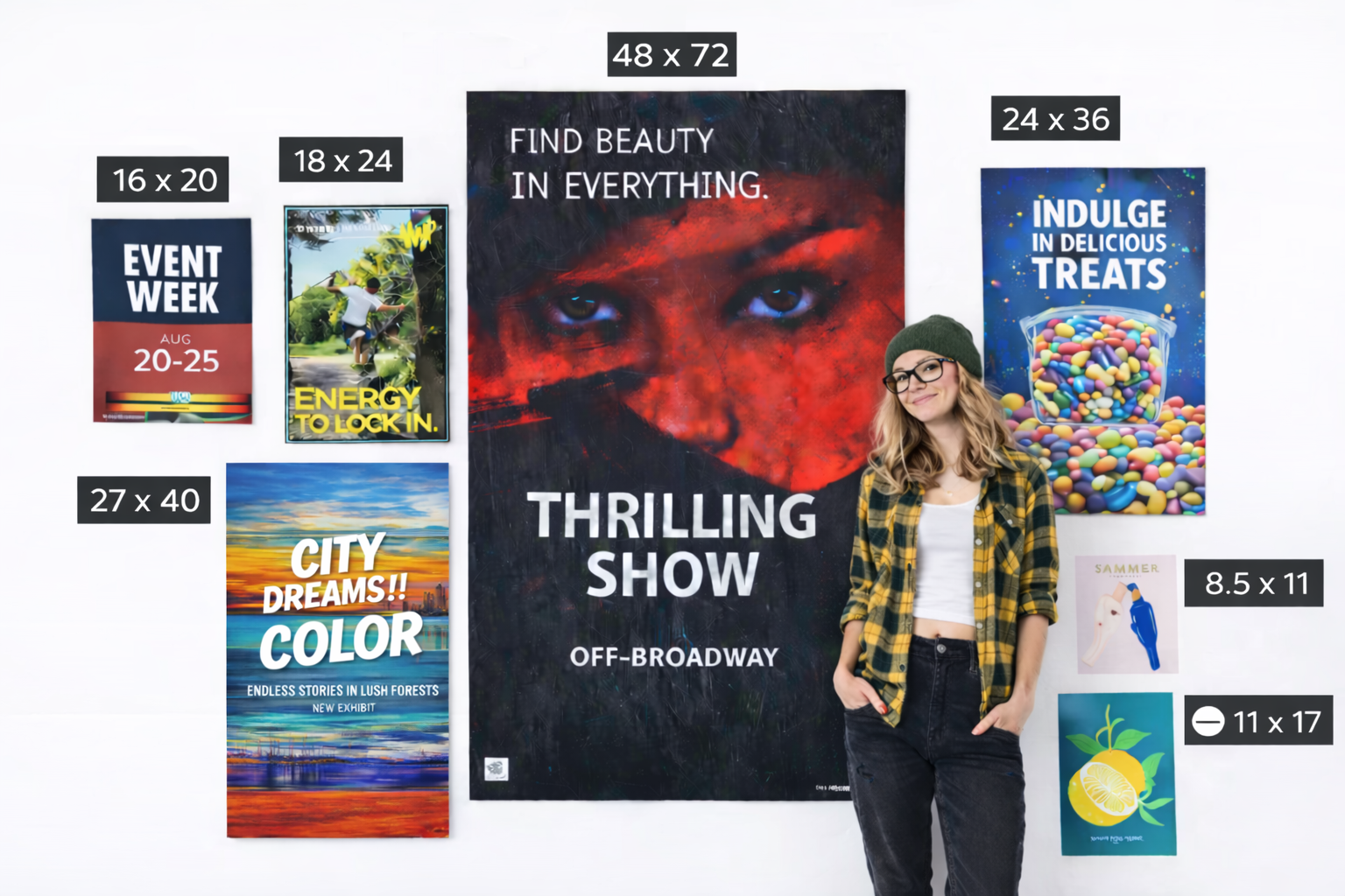 Image showcasing various standard poster sizes for wheatpasting, featuring a woman standing beside different posters labeled with dimensions: 16x20, 18x24, 24x36, 27x40, 48x72, 8.5x11, and 11x17, emphasizing effective street advertising strategies.