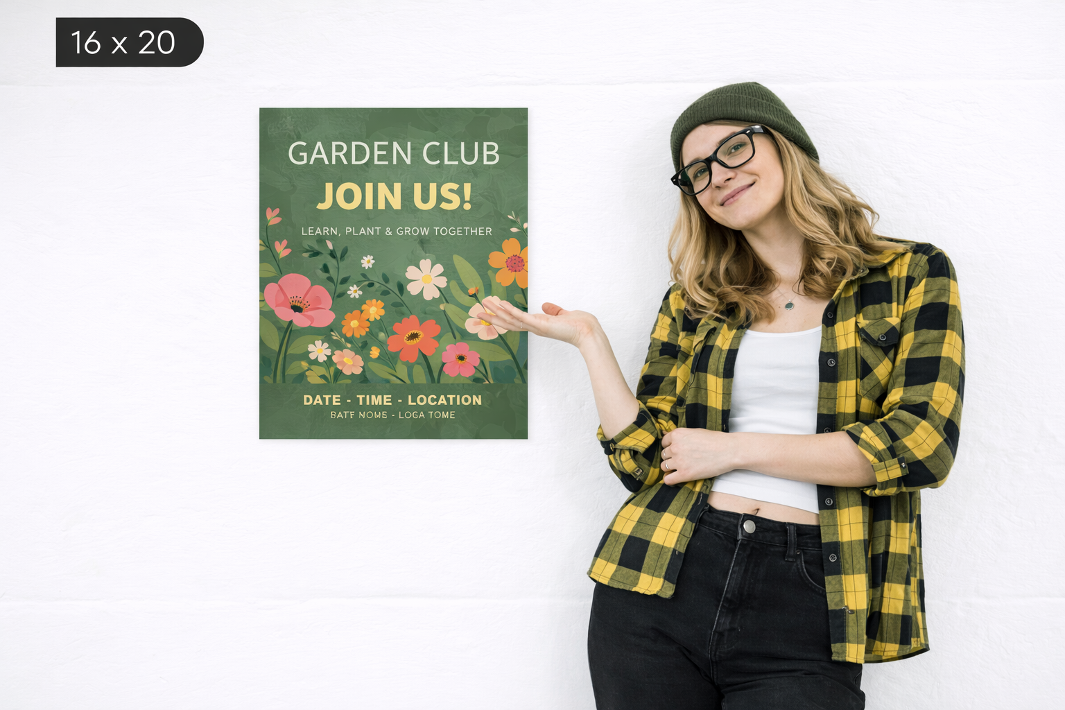 Garden Club poster featuring floral design and event details, alongside a smiling woman in a plaid shirt and beanie, promoting community engagement and outdoor activities.
