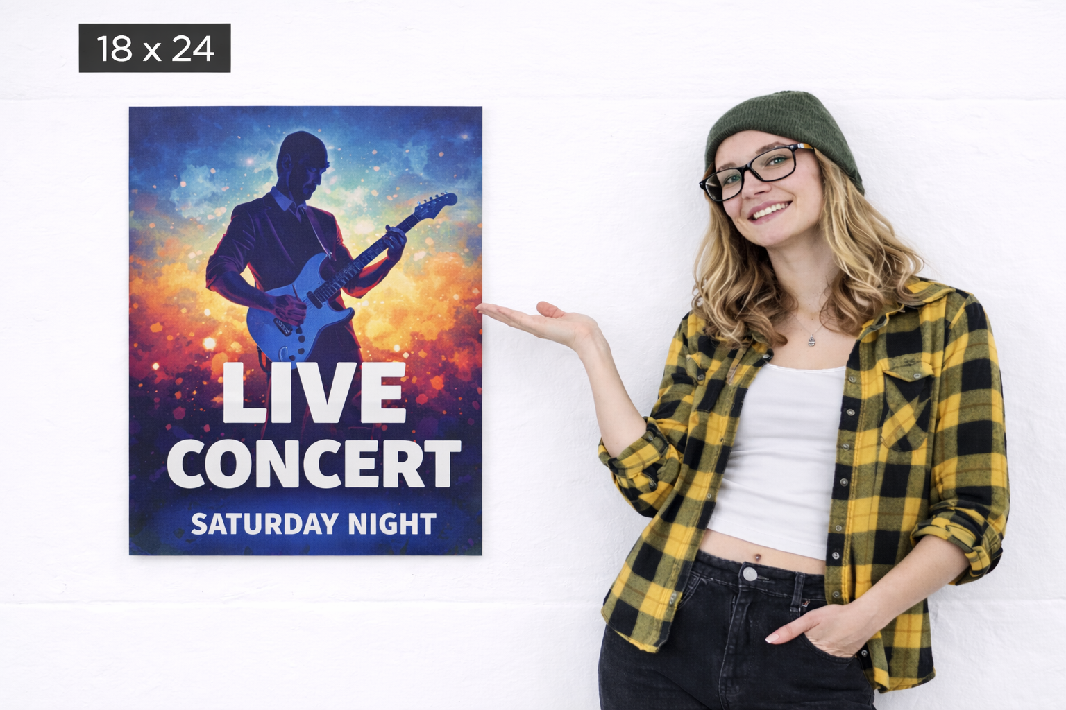 Woman in a plaid shirt and green beanie presenting an 18 x 24 inches poster featuring "LIVE CONCERT SATURDAY NIGHT" text and a silhouette of a guitarist against a colorful background, illustrating effective street marketing for concert promotions.